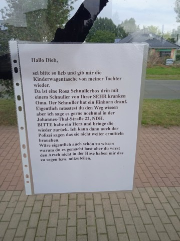 Mit diesem Aufruf will die Familie die Tasche zurückbekommen. 