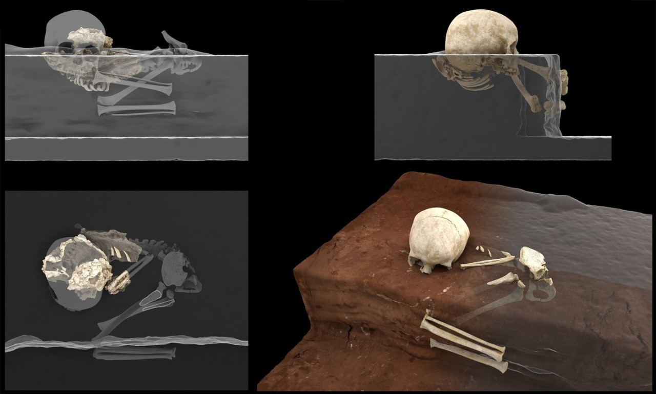 Jena: Virtuelle Rekonstruktion der Homininreste von Panga ya Saidi am Fundort (links) und Rekonstruktion der ursprünglichen Position des Kindes zum Zeitpunkt des Fundes (rechts).