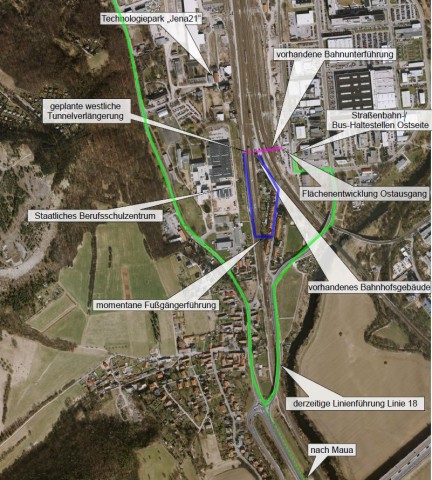 In Richtung Westen soll der Fußgängertunnel (pinke Linie) am Bahnhof Göschwitz verlängert werden.