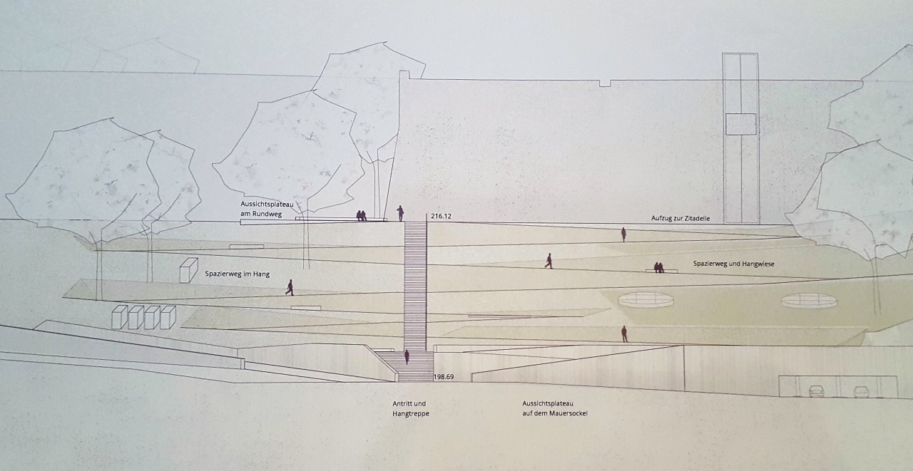 Ein in Serpentinen geschwungener Weg soll vom Domplatz auf den Petersberg führen. Ein Aufzug bringt Gäste bis ins Innere der Zitadelle. 