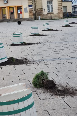 Alle Blumenkübel auf dem Bahnhofsvorplatz in Gotha worden am Wochenende umgekippt. 