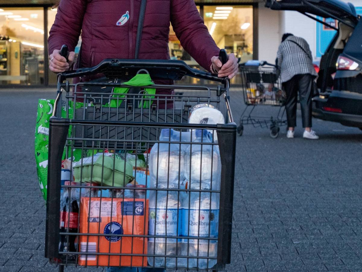 Frau schiebt auf einem Parkplatz einen Einkaufswagen