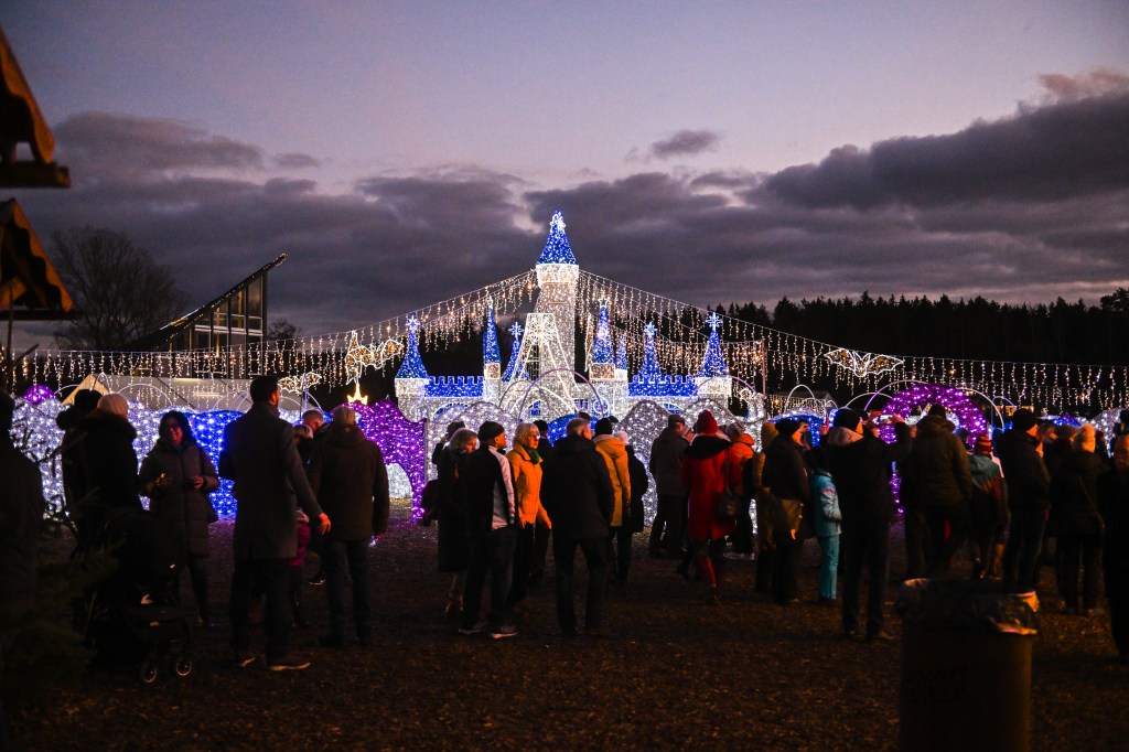 Menschen stehen vor einem Schloss aus Lichtern