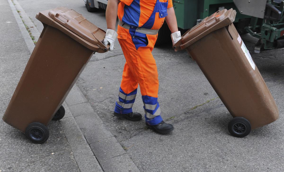 Ein Mitarbeiter der Abfallwirtschaft in Thüringen schiebt zwei braune Tonnen mit Biomüll zum Müllwagen (Symbolbild)